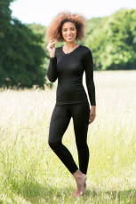 Engel Damen-Hemd mit Spitze langarm, 70% Bio Wolle (kbT) und Seide, schwarz