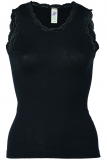 Engel Damen-Achselhemd mit Spitze, 70% Bio-Wolle (kbT) und Seide, schwarz